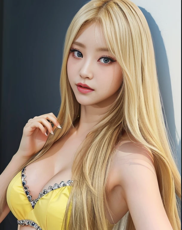 A closeup of a woman with long blonde hair wearing a yellow bra, long blonde hair and big eyes, long blonde hair and big eyes, blonde hair and big eyes, korean girl, beautiful south korean woman, Beautiful young Korean woman, 8k selfie photography, with long blonde hair, Blonde and attractive features., she tit, blonde girl, sexy look at the camera