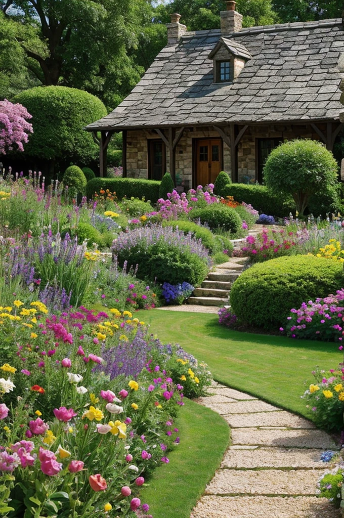 Old stone house colorful garden