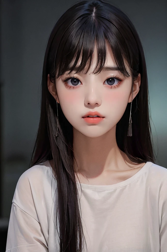 masterpiece, best quality, (Dark Photo:1.3), Reality, 1 Girl, Straight bangs, Amazing innocent symmetrical face, shirt, emotion, Ulzan, (Pure face_v1:0.7)