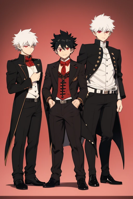 Izuku Midoriya character sheet from My Hero Academia, Vampire, incubus, red eyes and white hair, bat wings, black clothes, black steampunk pants, red shirt, black vest, pale skin. Looking directly at the viewer