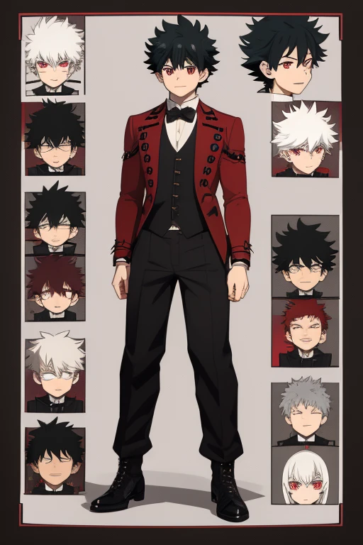 Izuku Midoriya character sheet from My Hero Academia, Vampire, incubus, red eyes and white hair, bat wings, black clothes, black steampunk pants, red shirt, black vest, pale skin. Looking directly at the viewer