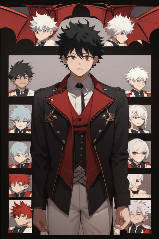Izuku Midoriya character sheet from My Hero Academia, Vampire, incubus, red eyes and white hair, bat wings, black clothes, black steampunk pants, red shirt, black vest, pale skin. Looking directly at the viewer