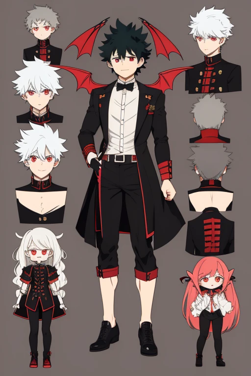Izuku Midoriya character sheet from My Hero Academia, Vampire, incubus, red eyes and white hair, bat wings, black clothes, black steampunk pants, red shirt, black vest, pale skin. Looking directly at the viewer