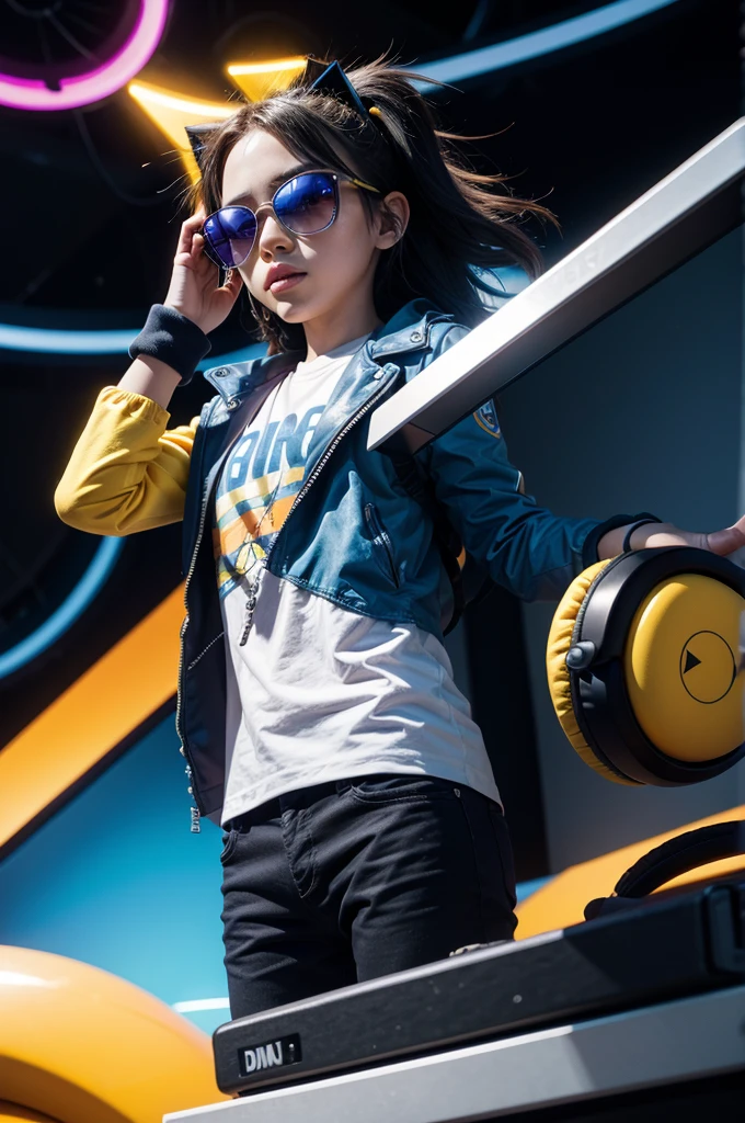 create the sonic character with DJ headphones and sunglasses, with more vivid colors, in high resolution in png format