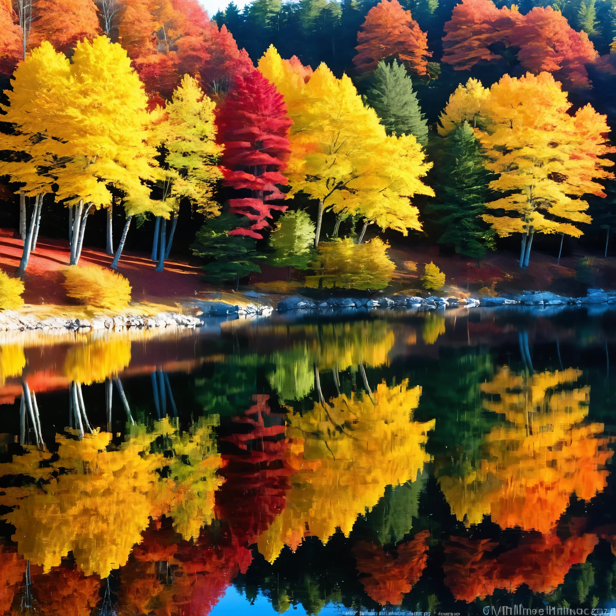 Produce an autumnal landscape with a mirrored lake. Portray a forest of trees with leaves in various shades of red, orange, and yellow. The still lake should reflect the foliage, creating a double image of the vibrant autumn colors.