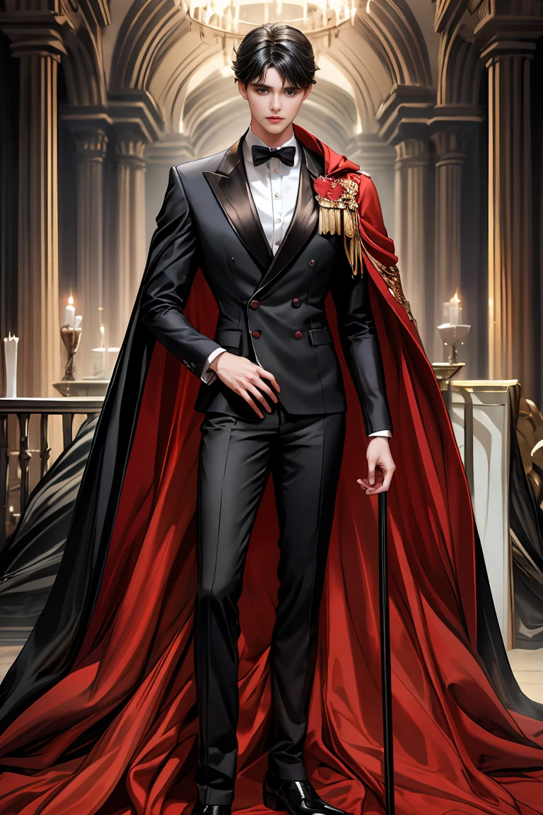 masterpiece, 最high quality, high quality, 1 boy, alone, Male focus, Watching the audience, Messy black hair, Adorable big blue eyes, White people, Noble, Noble,Sexy voluminous black and red cape、Tuxedo、A very voluminous, large, very large, very large, long, long red and black cape with a high stand-up collar, reaching down to the floor, made of a lot of fabric., 17 years old,Cute beautiful boys,Cute, cute, kind, handsome guy