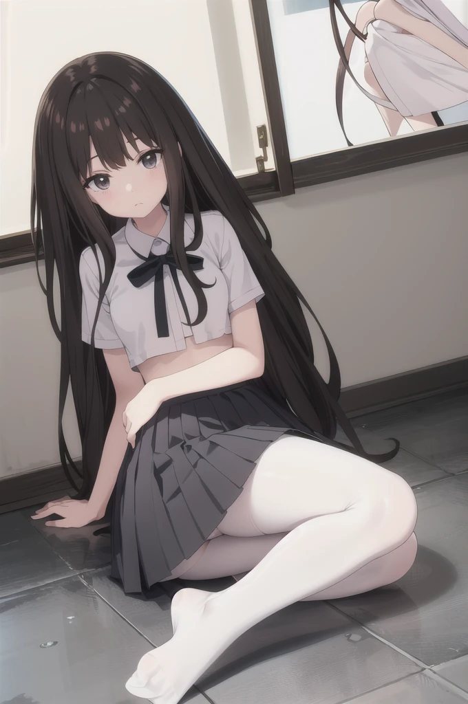 (8K、Best image quality、Highest quality、masterpiece)、One tall girl、((whole body))、Sit on the floor with your knees raised and your legs apart、M-shaped leg spread state、White panties are visible、Takina Inoue、Dark brown hair、blush、Medium Bust、White collared shirt、Short sleeve、((Checkered pleated mini skirt))、Composition looking up from slightly below、((black tights))、Black Pantyhose、((No shoes))、View your viewers、