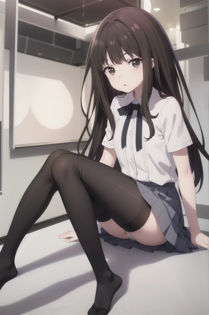 (8K、Best image quality、Highest quality、masterpiece)、One tall girl、((whole body))、Sit on the floor with your knees raised and your legs apart、M-shaped leg spread state、White panties are visible、Takina Inoue、Dark brown hair、blush、Medium Bust、White collared shirt、Short sleeve、((Checkered pleated mini skirt))、Composition looking up from slightly below、((black tights))、Black Pantyhose、((No shoes))、View your viewers、