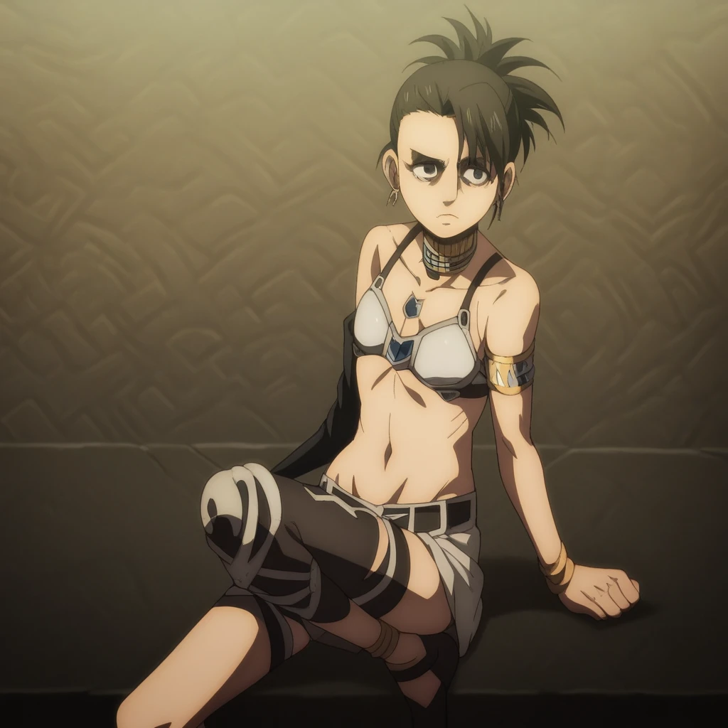 shingeki_no_kyojin_s4_style, portrait, solo, thighhighs, navel, jewelry, earrings, single thighhigh, armlet, asymmetrical legwear, anklet, uneven legwear, neck ring, single elbow glove, asymmetrical sleeves, uneven sleeves,