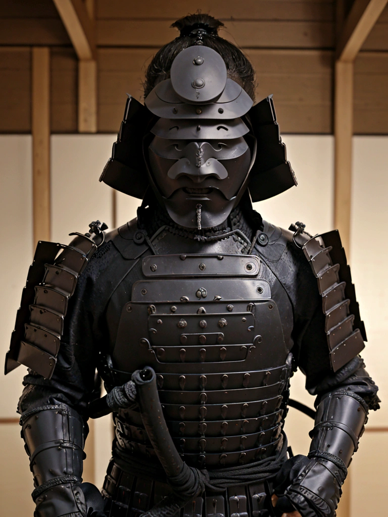 Japanese samurai wear ghost masks,without a helmet, urban samurai, epic image, ero,frontal photo,Extremely meticulous,Full Armor,Front photos,relaxante,without a helmet,curly hair,black armour,broken armor,The body is not clean,bleed,Combat posture,on battlefield,standing posture,getting ready to fight,