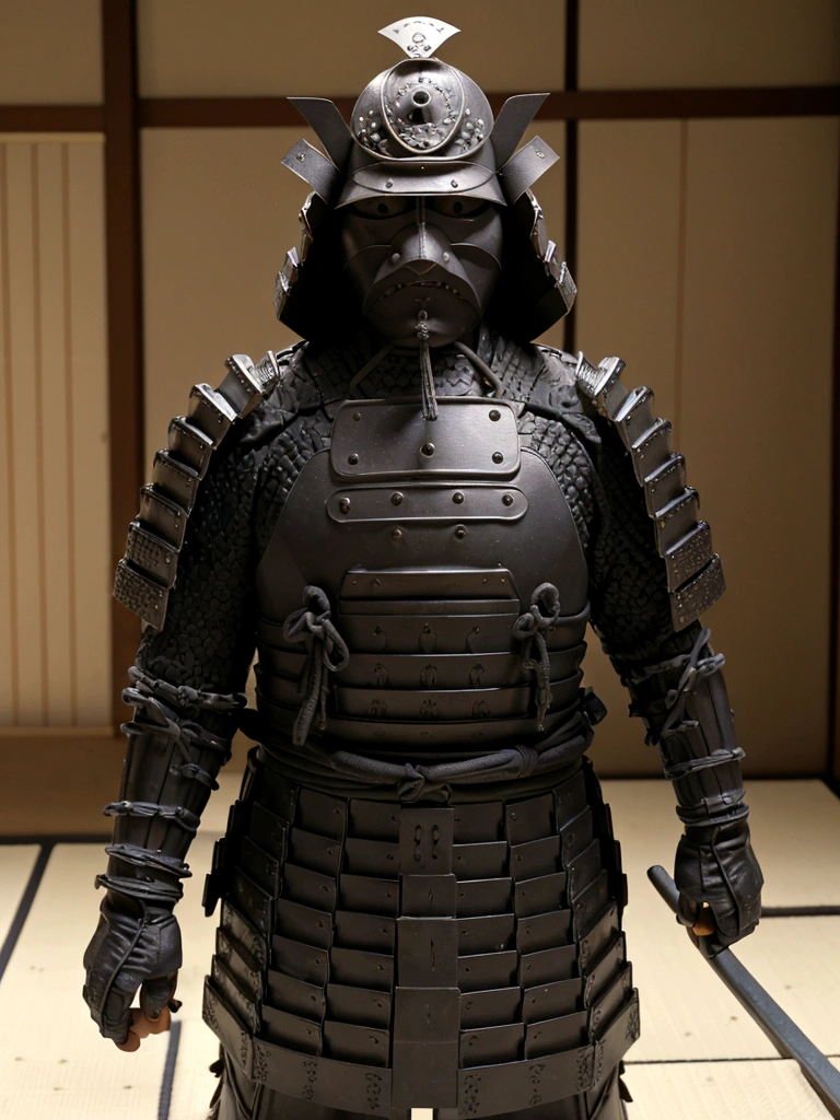 Japanese samurai wear ghost masks，without a helmet, urban samurai, epic image, ero,frontal photo，Extremely meticulous，Full Armor，Front photos，relaxante，without a helmet，curly hair，black armour，broken armor，The body is not clean，bleed，Combat posture，on battlefield，standing posture，getting ready to fight，
