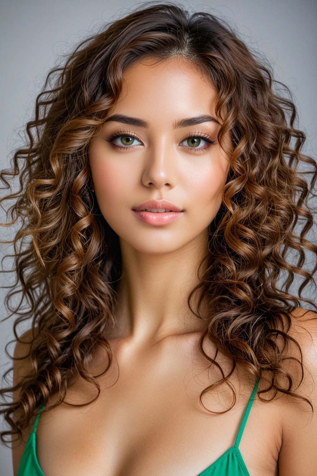 Photo portrait real d'une femme 28 ans peau clair, very realistic, real, yeux brillants vert, nice face, sharpness, curly light brown hair, with Thai and Spanish origins, sexly