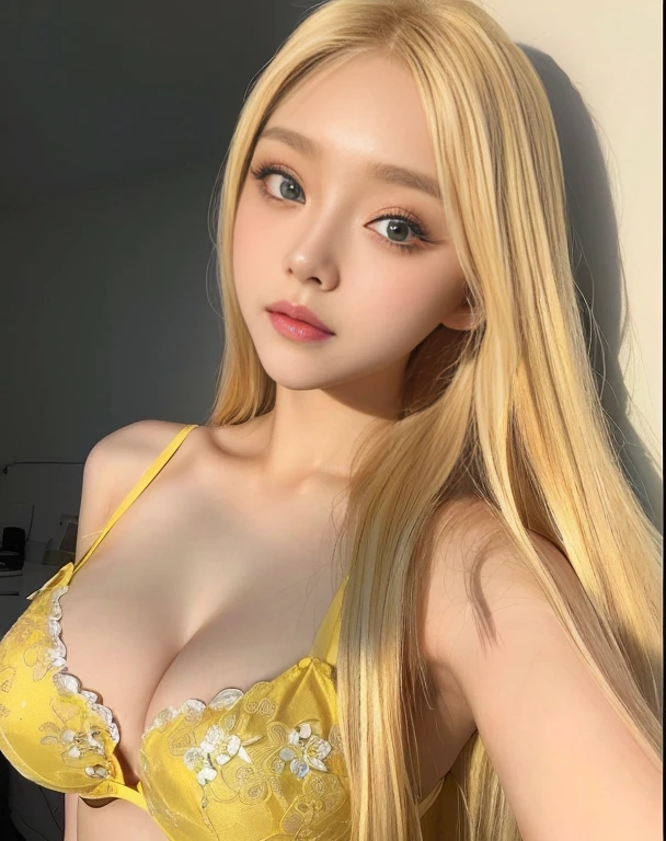 A closeup of a woman with long blonde hair wearing a yellow bra, long blonde hair and big eyes, long blonde hair and big eyes, blonde hair and big eyes, korean girl, beautiful south korean woman, Beautiful young Korean woman, 8k selfie photography, with long blonde hair, Blonde and attractive features., she tit, blonde girl, sexy look at the camera