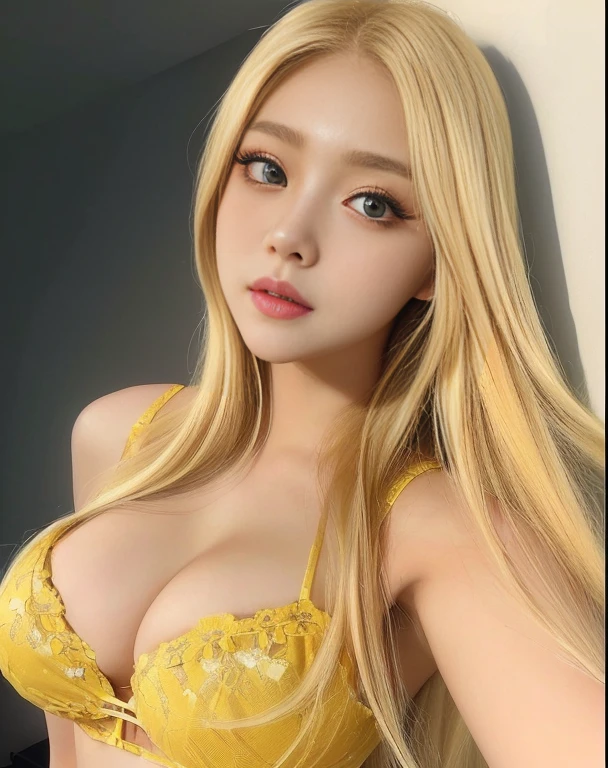 A closeup of a woman with long blonde hair wearing a yellow bra, long blonde hair and big eyes, long blonde hair and big eyes, blonde hair and big eyes, korean girl, beautiful south korean woman, Beautiful young Korean woman, 8k selfie photography, with long blonde hair, Blonde and attractive features., she tit, blonde girl, sexy look at the camera