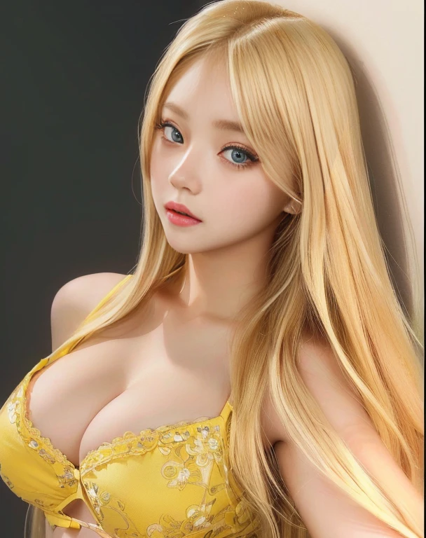 A closeup of a woman with long blonde hair wearing a yellow bra, long blonde hair and big eyes, long blonde hair and big eyes, blonde hair and big eyes, korean girl, beautiful south korean woman, Beautiful young Korean woman, 8k selfie photography, with long blonde hair, Blonde and attractive features., she tit, blonde girl, sexy look at the camera