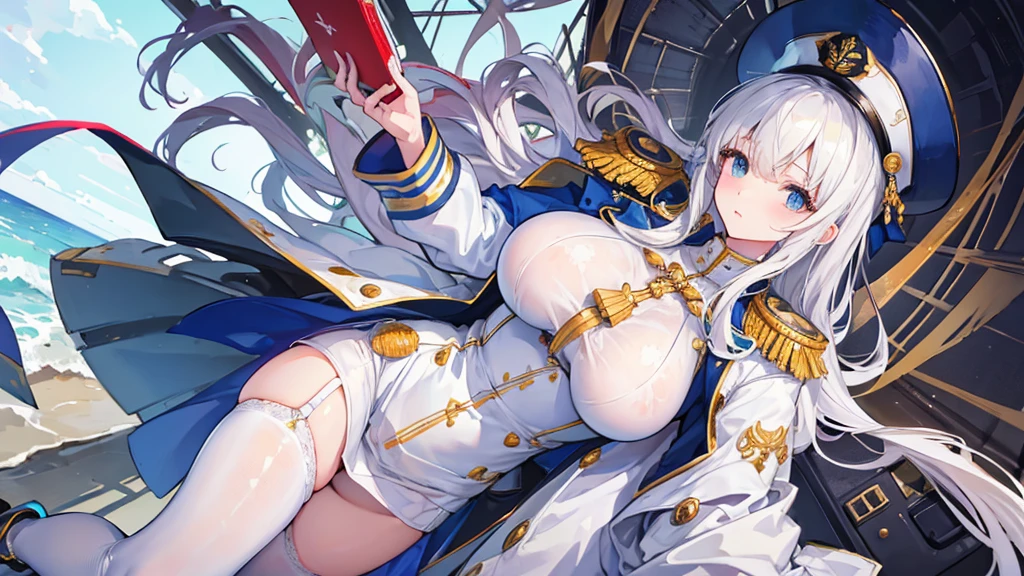 ((best quality)), ((masterpiece)), (detailed), Mommy, captain hat, White Naval uniform, White jacket in shoulder, White stocking, big breast, jacket on sholder.