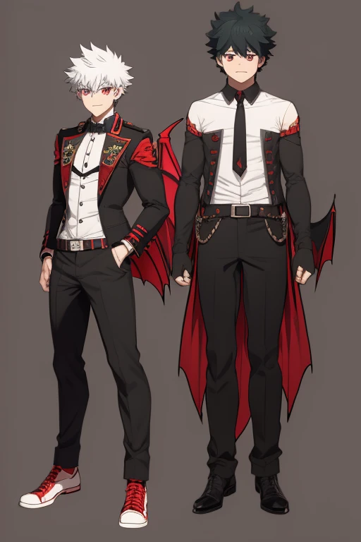 Izuku Midoriya character sheet from My Hero Academia, Vampire, incubus, red eyes and white hair, bat wings, black clothes, black steampunk pants, red shirt, black vest, pale skin. Looking directly at the viewer