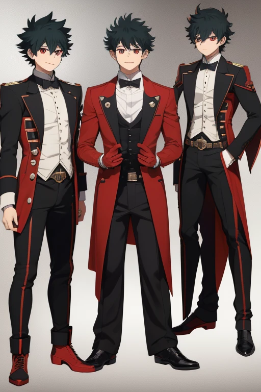Izuku Midoriya character sheet from My Hero Academia, Vampire, incubus, red eyes and white hair, bat wings, black clothes, black steampunk pants, red shirt, black vest, pale skin. Looking directly at the viewer