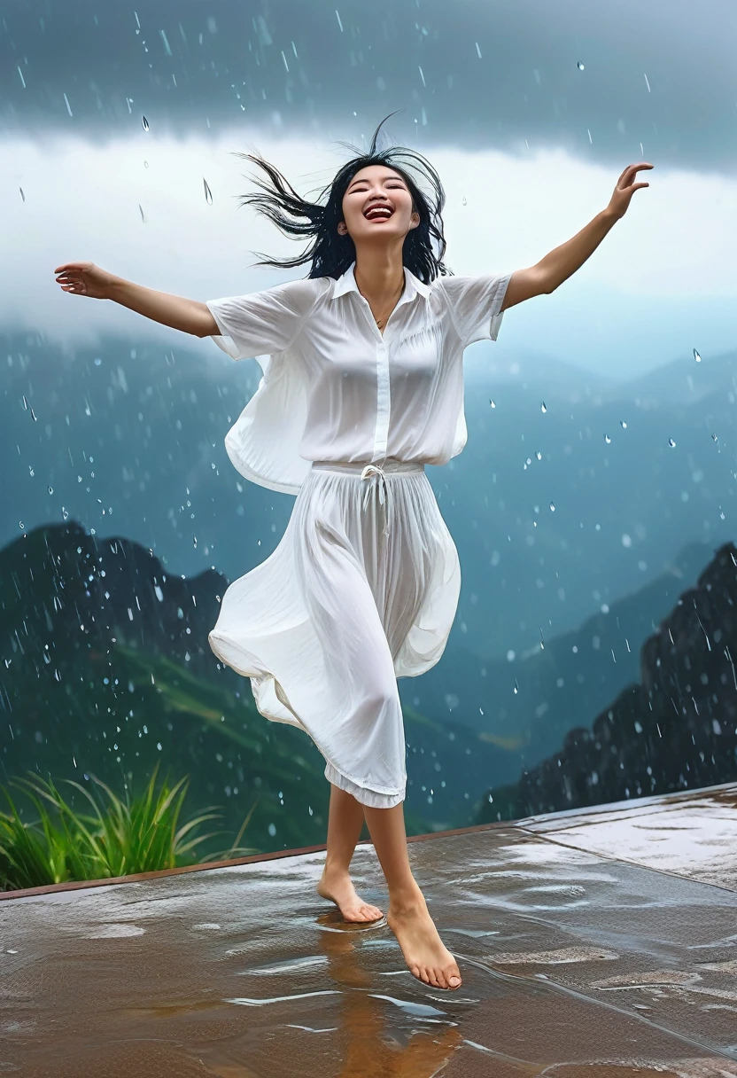 
Prompt :
On the top of the Alps, a beautiful Taiwanese girl (with clear facial features) wearing a large white shirt, soaked by heavy rain, dancing barefoot, happy, rain in the sky
