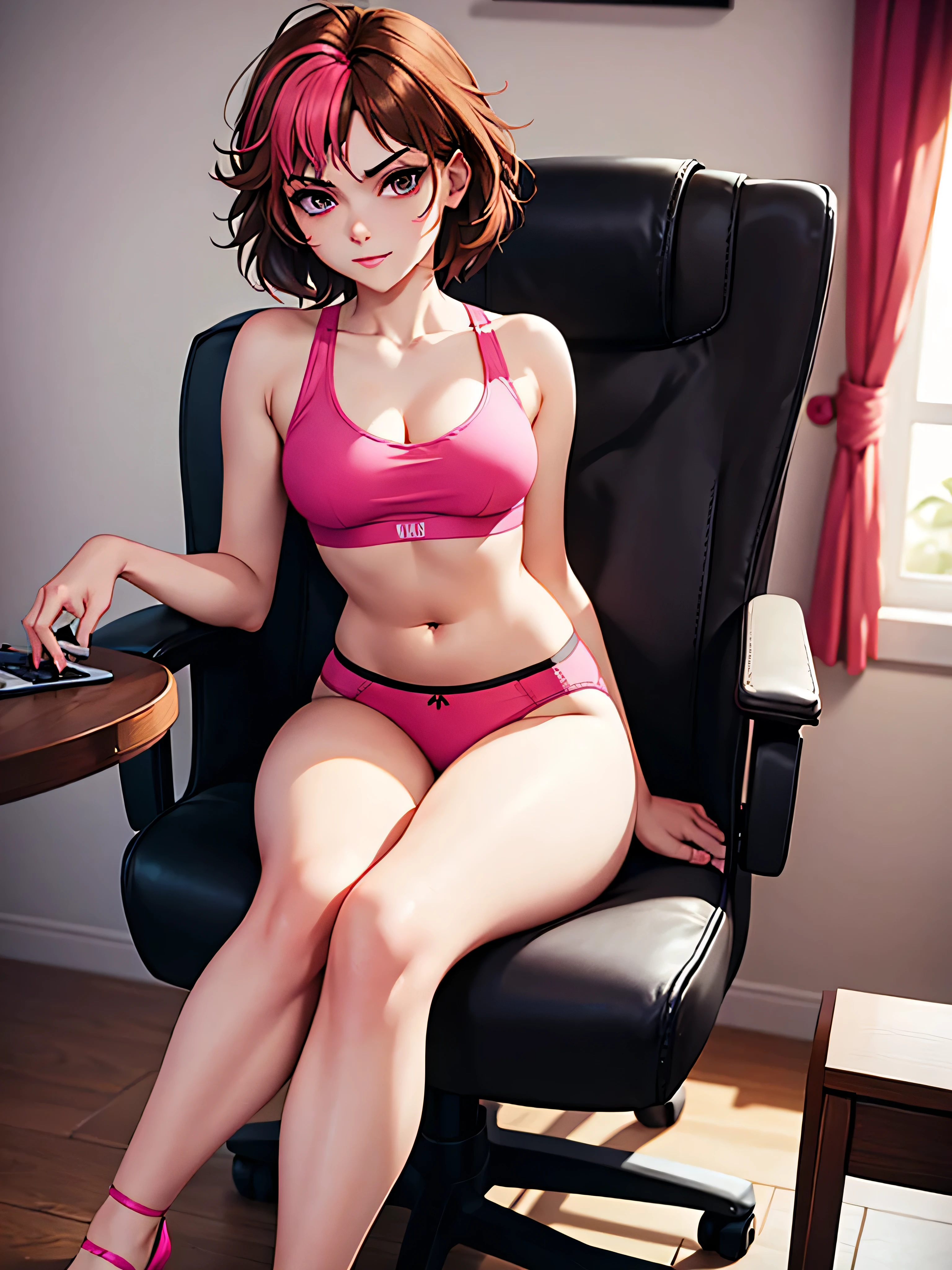 merula, sitting on a chair, gaming chair, sexy pose, sitting pose, pink high heels, sexy sport bra, sexy sport panties