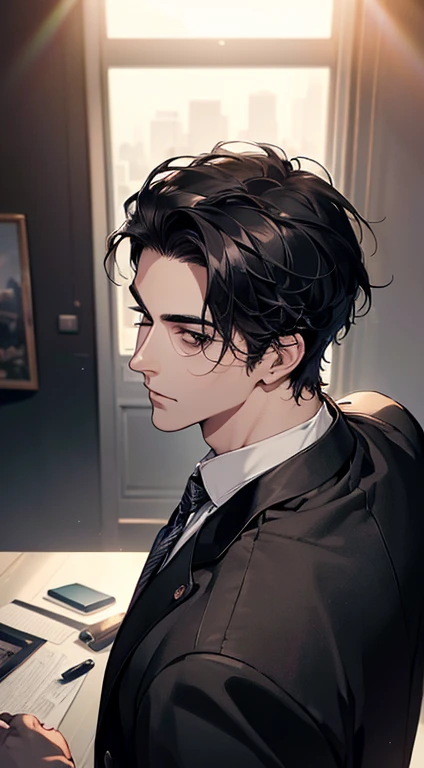 (best quality, masterpiece, 8K, photorealistic, cinematic lighting, 1:4 hdr image, top view, ultra detailed, beautiful image), a mature man, very handsome, short black hair, black eyes, perfect face without errors , ((buttoning his jacket, CEO))