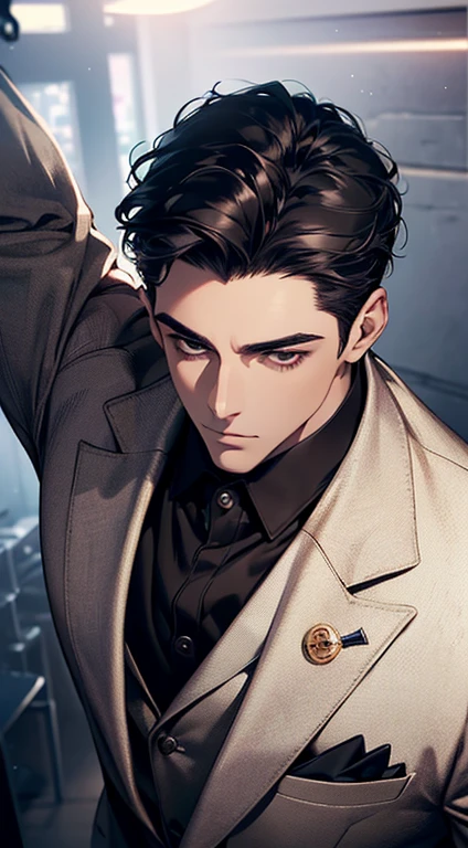 (best quality, masterpiece, 8K, photorealistic, cinematic lighting, 1:4 hdr image, top view, ultra detailed, beautiful image), a mature man, very handsome, short black hair, black eyes, perfect face without errors , ((buttoning his jacket, CEO))