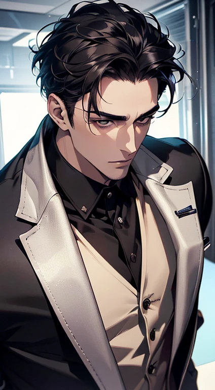 (best quality, masterpiece, 8K, photorealistic, cinematic lighting, 1:4 hdr image, top view, ultra detailed, beautiful image), a mature man, very handsome, short black hair, black eyes, perfect face without errors , ((buttoning his jacket, CEO))