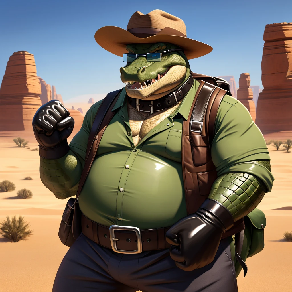 Male, fat, elderly, extremely obese, Crocodile, blue eyes, (posing:1.3), (soft shading), 4k, hi res, ((detailed face, detailed)), looking at viewer, evil grin, desert, cactus, shirt, hat, male focus, Explorer Outfit, glasses, pants, bag, vest, backpack, sleeves rolled up, round eyewear, brown headwear, brown vest, Crocodile is wearing a glossy leather dog collar around the neck, Crocodile is wearing the leather collar and shirt and vest at the same time, Crocodile is wearing glossy white rubber gloves on the hands, gloves are rubber in texture, clenching teeth, clenching fists, leather collar is glossy and shiny with a lot of detail.