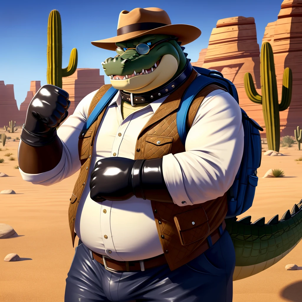 Male, fat, elderly, extremely obese, Crocodile, blue eyes, (posing:1.3), (soft shading), 4k, hi res, ((detailed face, detailed)), looking at viewer, evil grin, desert, cactus, shirt, hat, male focus, Explorer Outfit, glasses, pants, bag, vest, backpack, sleeves rolled up, round eyewear, brown headwear, brown vest, Crocodile is wearing a glossy leather dog collar around the neck, Crocodile is wearing the leather collar and shirt and vest at the same time, Crocodile is wearing glossy white rubber gloves on the hands, gloves are rubber in texture, clenching teeth, clenching fists, leather collar is glossy and shiny with a lot of detail.