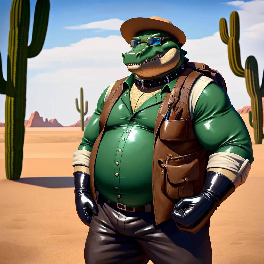Male, fat, elderly, extremely obese, Crocodile, blue eyes, (posing:1.3), (soft shading), 4k, hi res, ((detailed face, detailed)), looking at viewer, evil grin, desert, cactus, shirt, hat, male focus, Explorer Outfit, glasses, pants, bag, vest, backpack, sleeves rolled up, round eyewear, brown headwear, brown vest, Crocodile is wearing a glossy leather dog collar around the neck, Crocodile is wearing the leather collar and shirt and vest at the same time, Crocodile is wearing glossy white rubber gloves on the hands, gloves are rubber in texture, clenching teeth, clenching fists, leather collar is glossy and shiny with a lot of detail.