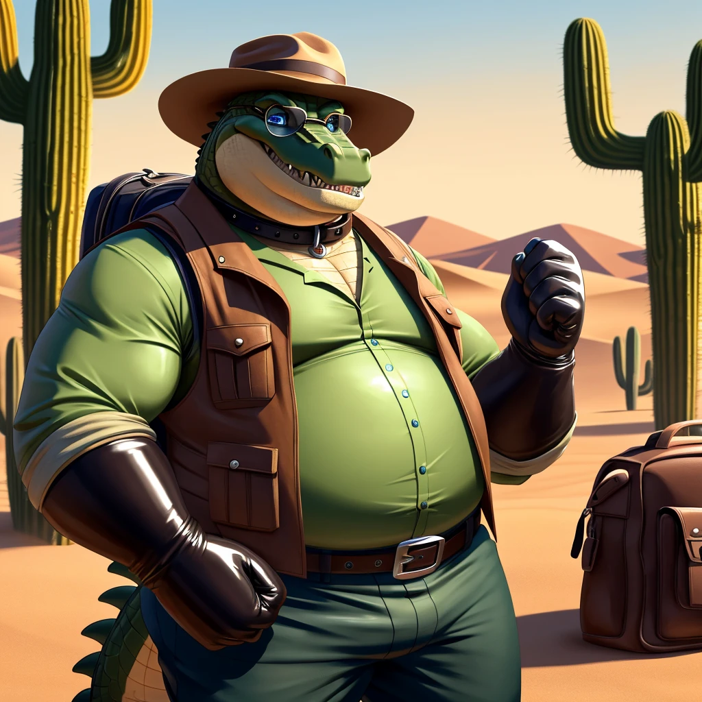 Male, fat, elderly, extremely obese, Crocodile, blue eyes, (posing:1.3), (soft shading), 4k, hi res, ((detailed face, detailed)), looking at viewer, evil grin, desert, cactus, shirt, hat, male focus, Explorer Outfit, glasses, pants, bag, vest, backpack, sleeves rolled up, round eyewear, brown headwear, brown vest, Crocodile is wearing a glossy leather dog collar around the neck, Crocodile is wearing the leather collar and shirt and vest at the same time, Crocodile is wearing glossy white rubber gloves on the hands, gloves are rubber in texture, clenching teeth, clenching fists, leather collar is glossy and shiny with a lot of detail.