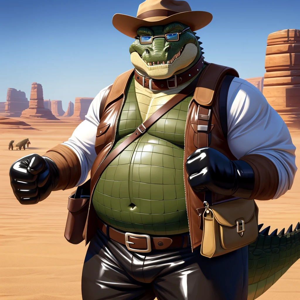 Male, fat, elderly, extremely obese, Crocodile, blue eyes, (posing:1.3), (soft shading), 4k, hi res, ((detailed face, detailed)), looking at viewer, evil grin, desert, cactus, shirt, hat, male focus, Explorer Outfit, glasses, pants, bag, vest, backpack, sleeves rolled up, round eyewear, brown headwear, brown vest, Crocodile is wearing a glossy leather dog collar around the neck, Crocodile is wearing the leather collar and shirt and vest at the same time, Crocodile is wearing glossy white rubber gloves on the hands, gloves are rubber in texture, clenching teeth, clenching fists, leather collar is glossy and shiny with a lot of detail.