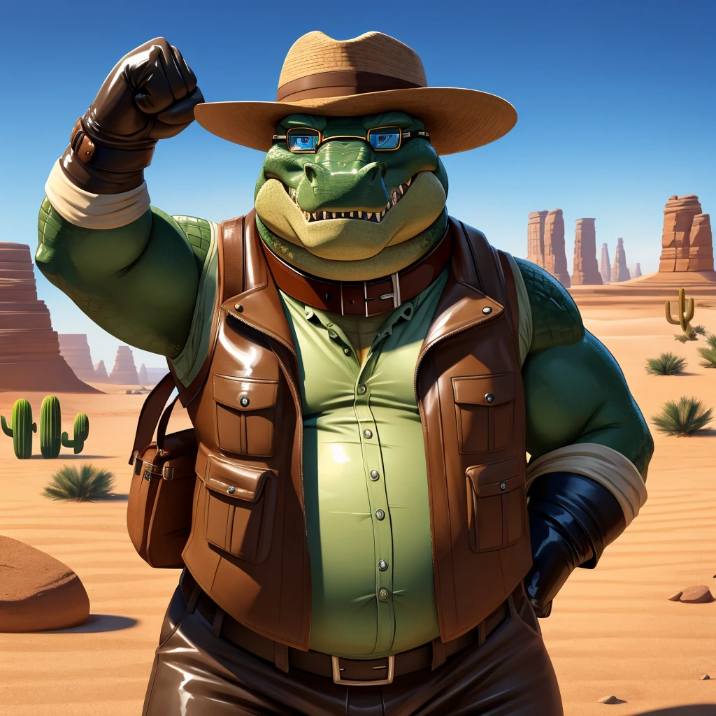 Male, fat, elderly, extremely obese, Crocodile, blue eyes, (posing:1.3), (soft shading), 4k, hi res, ((detailed face, detailed)), looking at viewer, evil grin, desert, cactus, shirt, hat, male focus, Explorer Outfit, glasses, pants, bag, vest, backpack, sleeves rolled up, round eyewear, brown headwear, brown vest, Crocodile is wearing a glossy leather dog collar around the neck, Crocodile is wearing the leather collar and shirt and vest at the same time, Crocodile is wearing glossy white rubber gloves on the hands, gloves are rubber in texture, clenching teeth, clenching fists, leather collar is glossy and shiny with a lot of detail.
