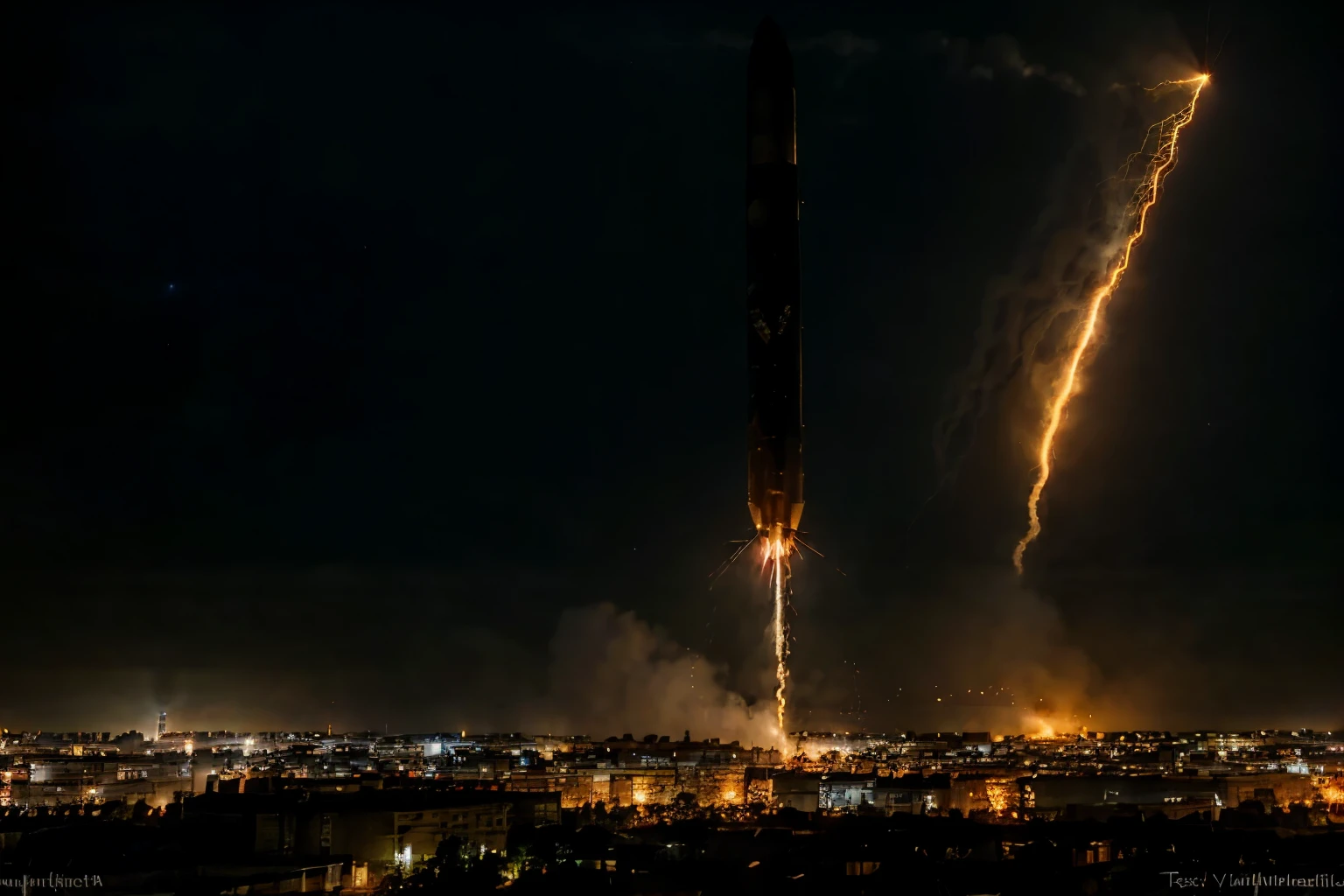 Ukraine，War scenes，Missile flies over，Aircraft bombing，night，Lightning flashes across the city, Clean picture processing，Minimalist composition