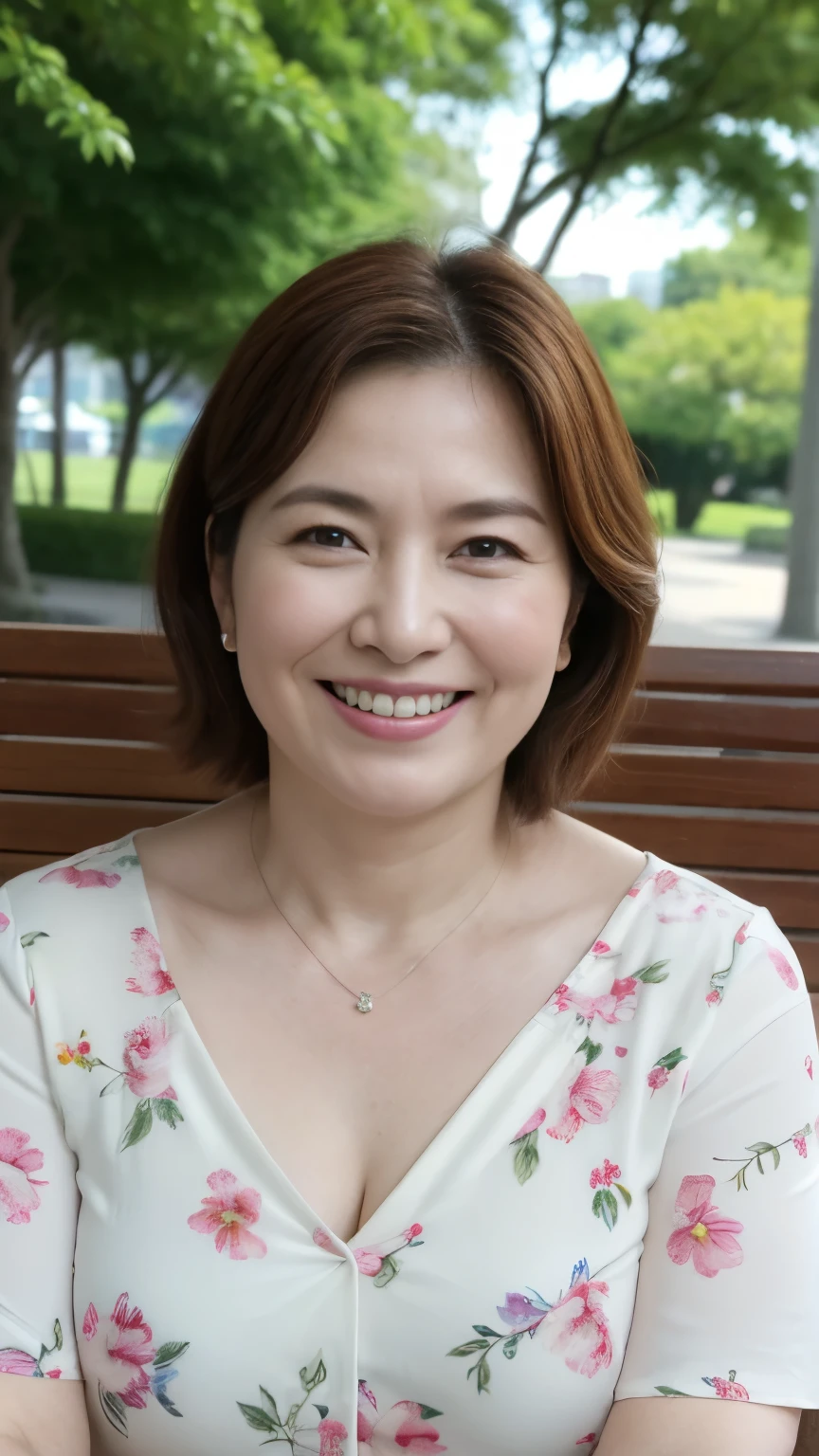 8k wallpaper, masterpiece, Highest quality, Super detailed, One Mature Woman, 50 years old, Become very clear, Wearing a short-sleeved blouse, Skin dents, Captivating smile, Looking at the audience, Cleavage, plump, Curvaceous, Fascinating face, Smiling with teeth showing, Wrinkles around the eyes, Sitting on a park bench, Background Blur