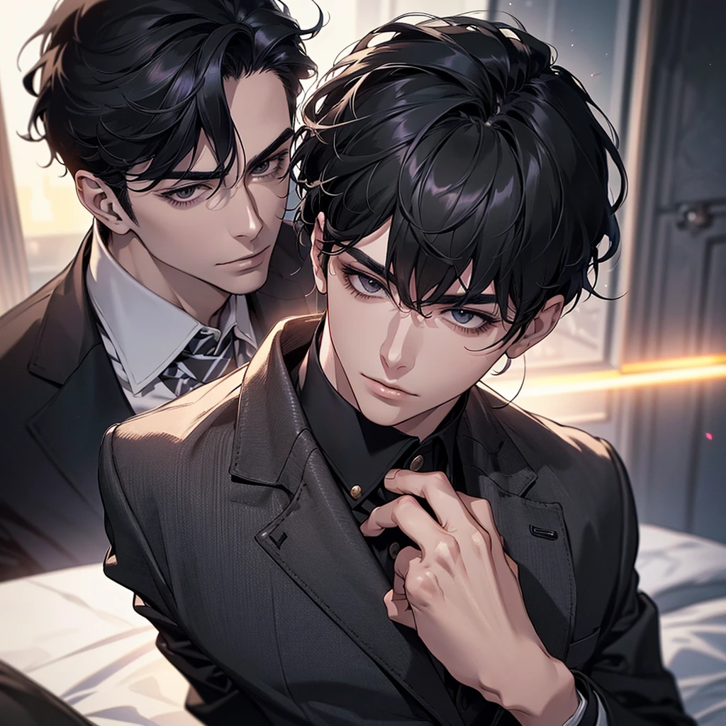 (best quality, masterpiece, 8K, photorealistic, cinematic lighting, 1:4 hdr image, top view, ultra detailed, beautiful image), a mature man, very handsome, short black hair, black eyes, perfect face without errors , ((buttoning his jacket, CEO))