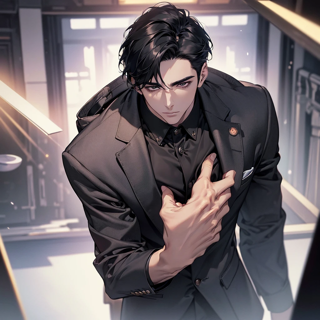 (best quality, masterpiece, 8K, photorealistic, cinematic lighting, 1:4 hdr image, top view, ultra detailed, beautiful image), a mature man, very handsome, short black hair, black eyes, perfect face without errors , ((buttoning his jacket, CEO))