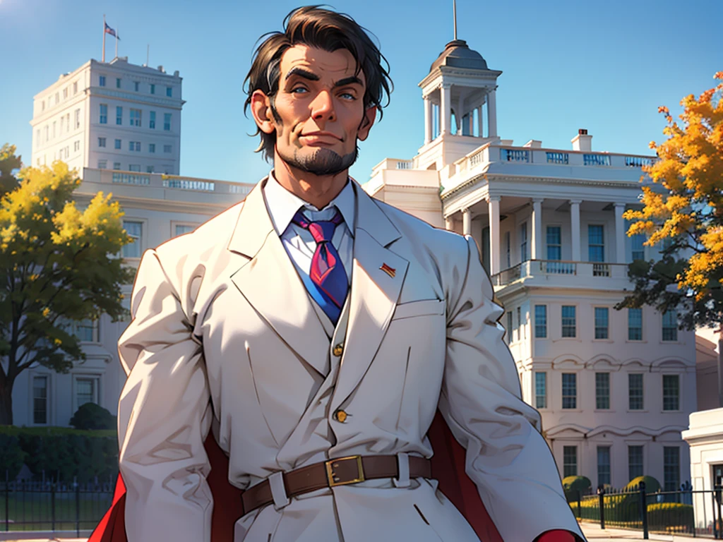 Abraham Lincoln dressed as Superman, the white house in the background on a sunny day