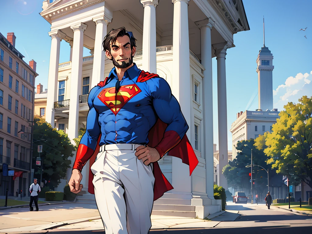 Abraham Lincoln dressed as Superman, the white house in the background on a sunny day