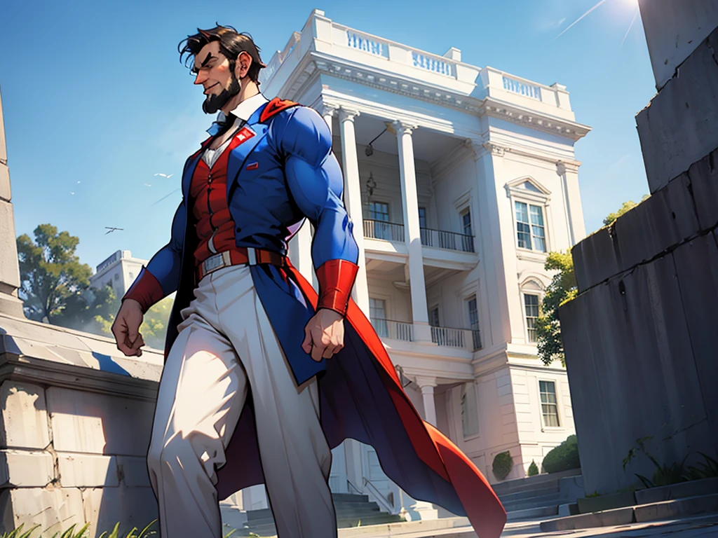 Abraham Lincoln dressed as Superman, the white house in the background on a sunny day