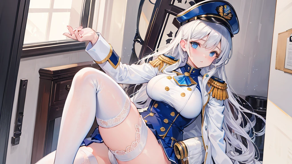 ((best quality)), ((masterpiece)), (detailed), Mommy, captain hat, White Naval uniform, White jacket in shoulder, White stocking, big breast, jacket on sholder.