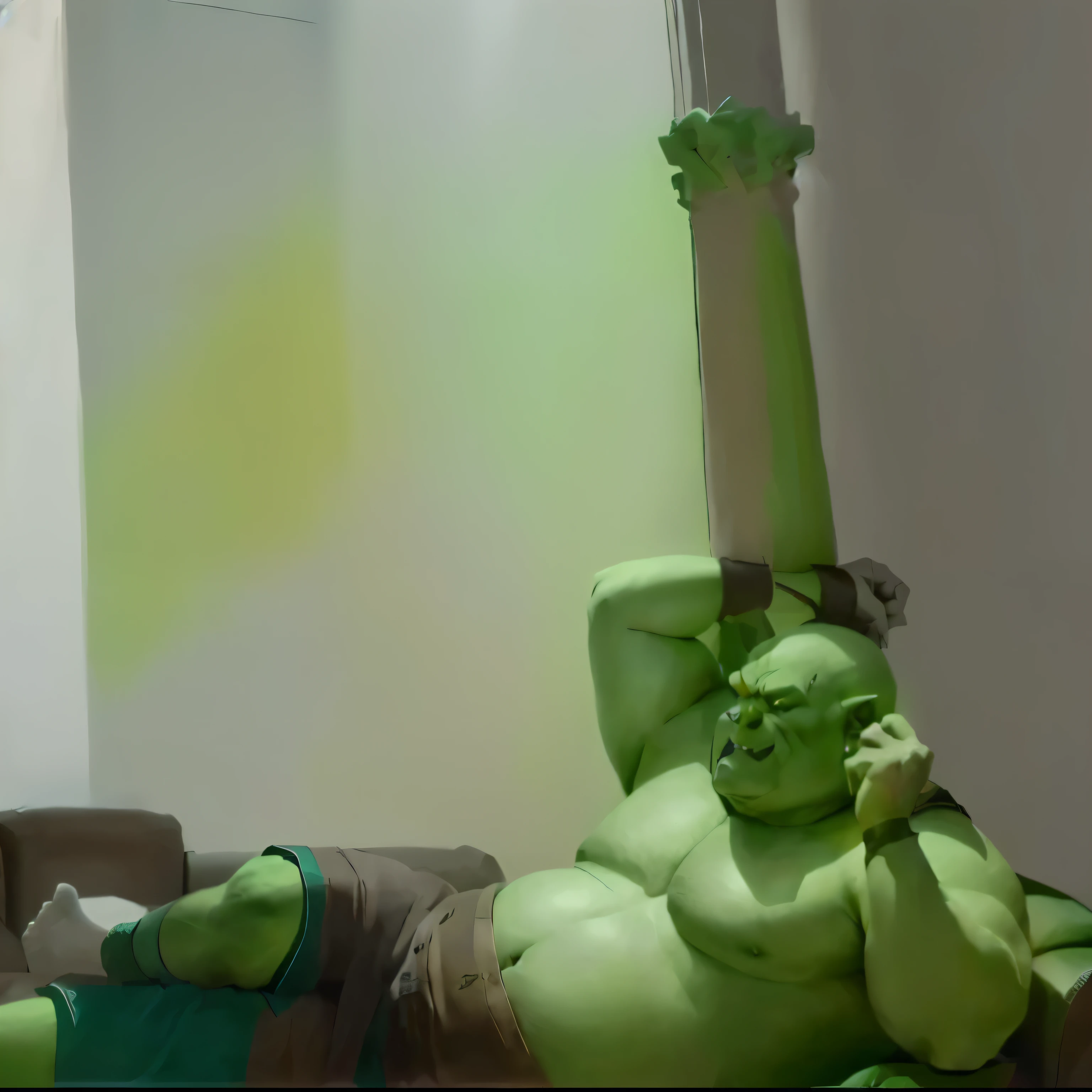 Orc with a fat belly lies on the sofa, green skin, orc, fantasy