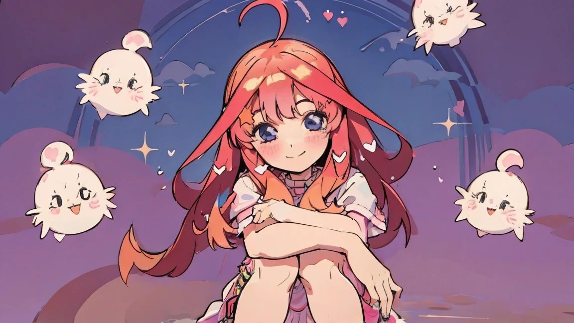 ((best quality)), ((masterpiece)), (detailed), perfect face, 1girl, nakano itsuki, smiling, whimsical, triad color pallette, hugging knees, looking at viewer, pink water droplets, smiling, flat colouring, full body, blank space on the left, fluffy red hair, star hairclips