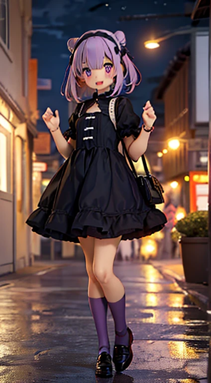 Best image quality、(((Full Body Lesbian))),Character portrait、Excellent style、Beautiful feet、Leather shoes、Dynamic Pose、, young、Gothic Lolita, (((Light purple hair))), Purple eyes, (mascara), Blunt bangs, ((Hair above the eyes)), Long Hair, Pink mixed hair、Mesh color pink、Medium chest, Frills, good、Black clothes、white bread cover、(((white bun hair accessory cover))),白いFrills, Black Theme, ((Black Chinese Dress)), Faithfully, (((Eye focus))), (((Laughter))), The background is blurred, Hollow Eyes, Black Theme、Displaying the viewer, (((night))), (((hair ornaments))), Neatly cut bangs