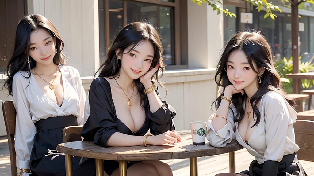 Nakaniwa, Multiple Girls, , wood, Black Hair, Seraphim, Outdoor, skirt, table, Sitting, Sailor collar, eat, food, Day, building, cup、Starbucks
)))))((16 year old female student))、
((smile)、(Heart Necklace、Gold bracelet)
((Emphasize cleavage))