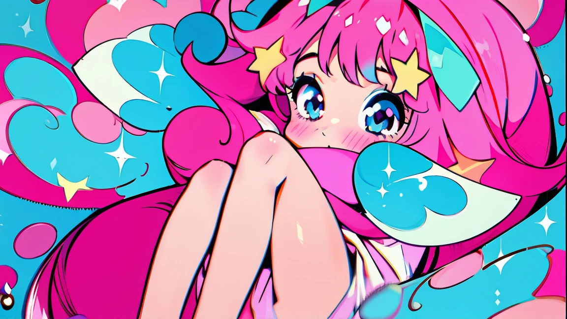 ((best quality)), ((masterpiece)), (detailed), perfect face, 1girl, nakano itsuki, smiling, whimsical, triad color pallette, hugging knees, looking at viewer, pink water droplets, smiling, flat colouring, full body, blank space on the left, fluffy red hair, star hairclips