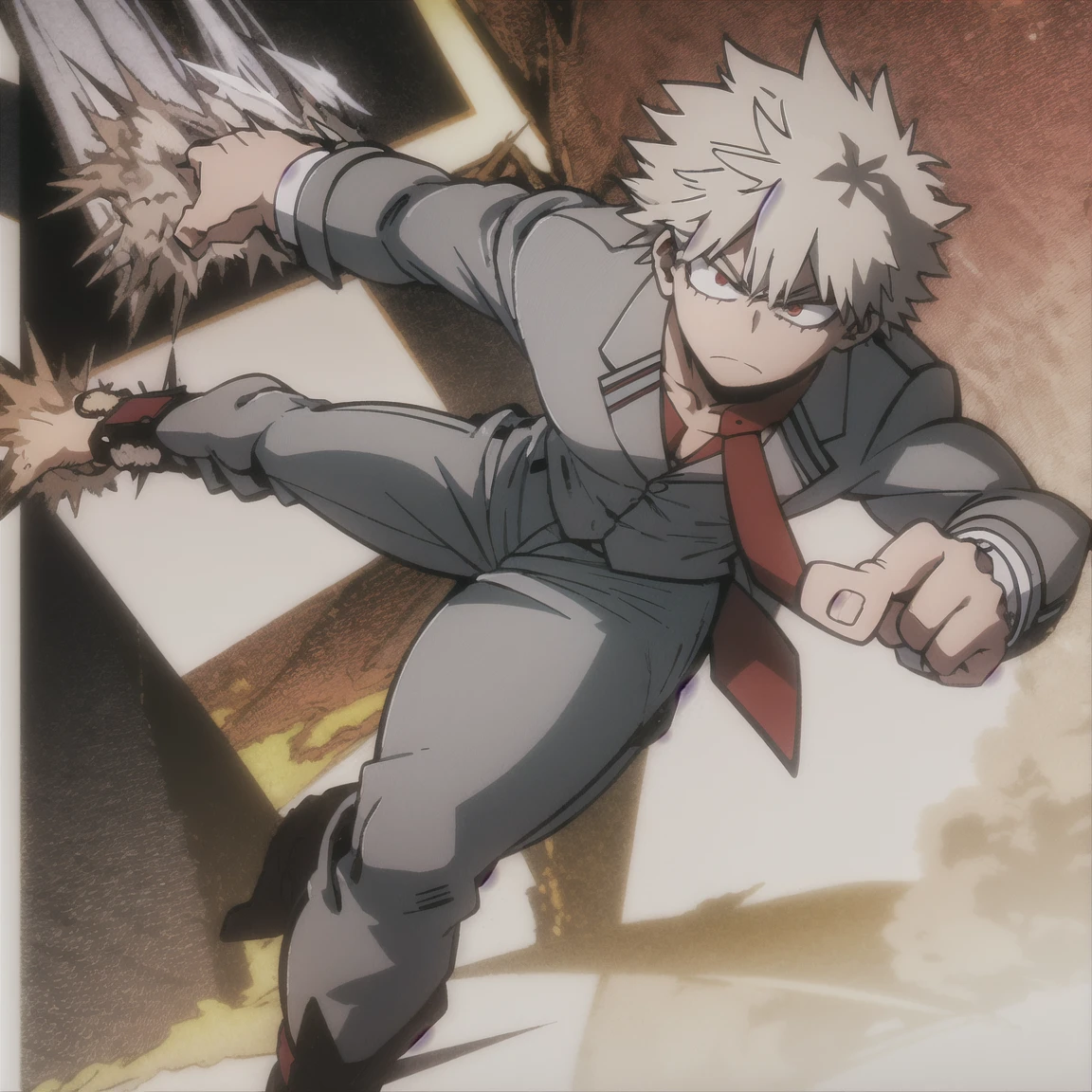 1 boy, muscular body, short spiky hair, white hair, red eyes, frown, gray jacket, red tie, white shirt, teal pants, boots 