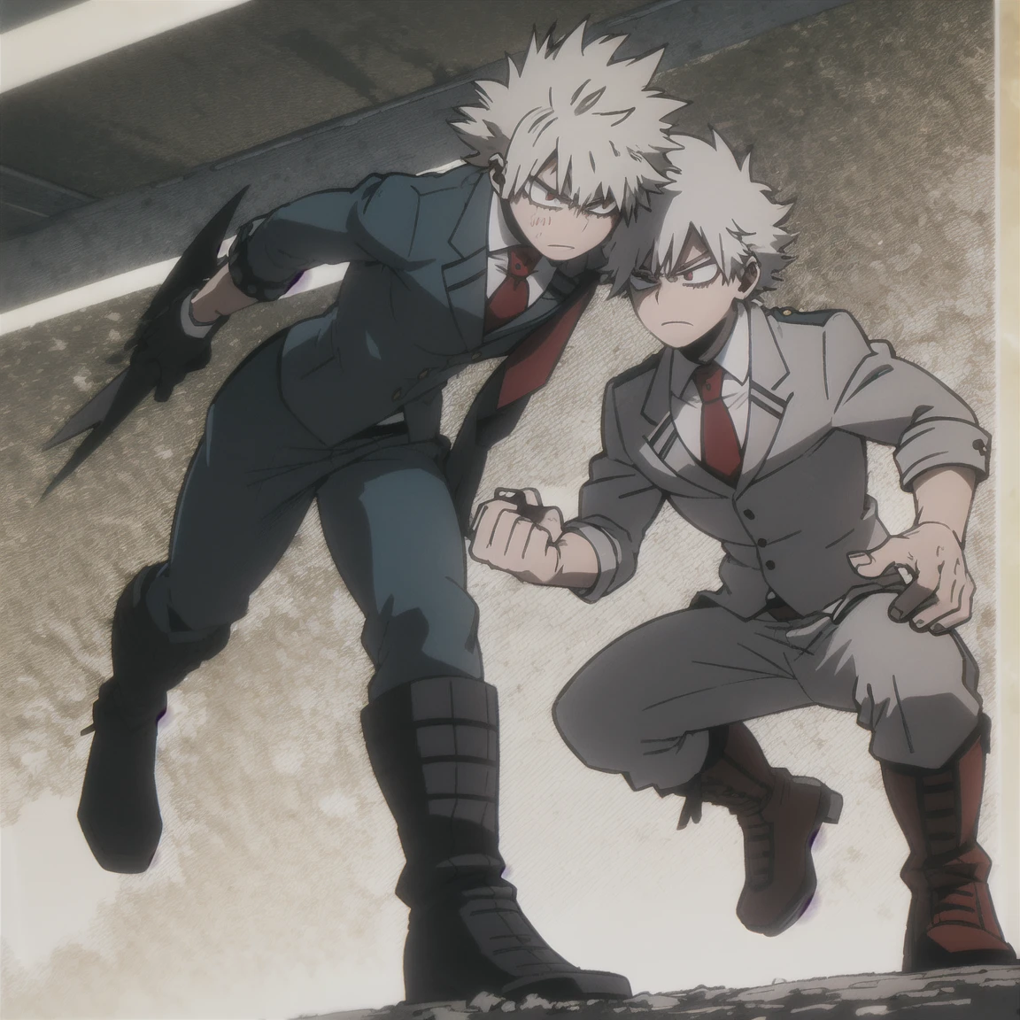 1 boy, muscular body, short spiky hair, white hair, red eyes, frown, gray jacket, red tie, white shirt, teal pants, boots 