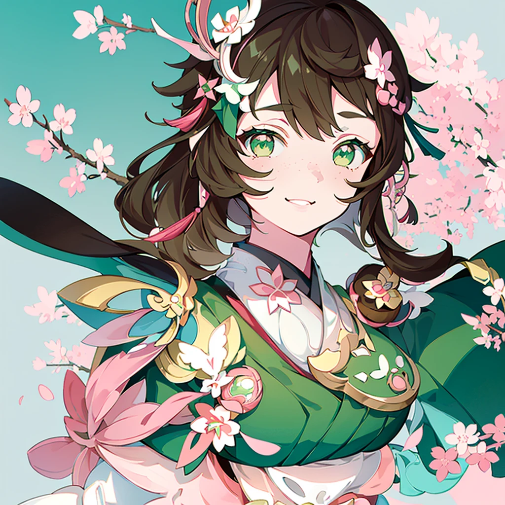 ((Genshin impact style lineart)) ((face portrait)), (masterpiece), (high quality), 1 girl, 16 years, female and curvy body, white skin, freckles, ((long, and wavy dark-brown hair)), ((green and bright eyes)), she has a cheerful, kind and sweet expression, pink lips with a big smile, designs from East Asian, Game character costume design, Japanese clothing style with a green and light pink color palette, japanese accessories, ((White background, sakura, cute and colorful pink details)), ((portrait panting)), intricate details, lens flare,ultra high resolution,sharp focus,HD,8k,clear facial features,clear details,beautiful eyes,beautiful face