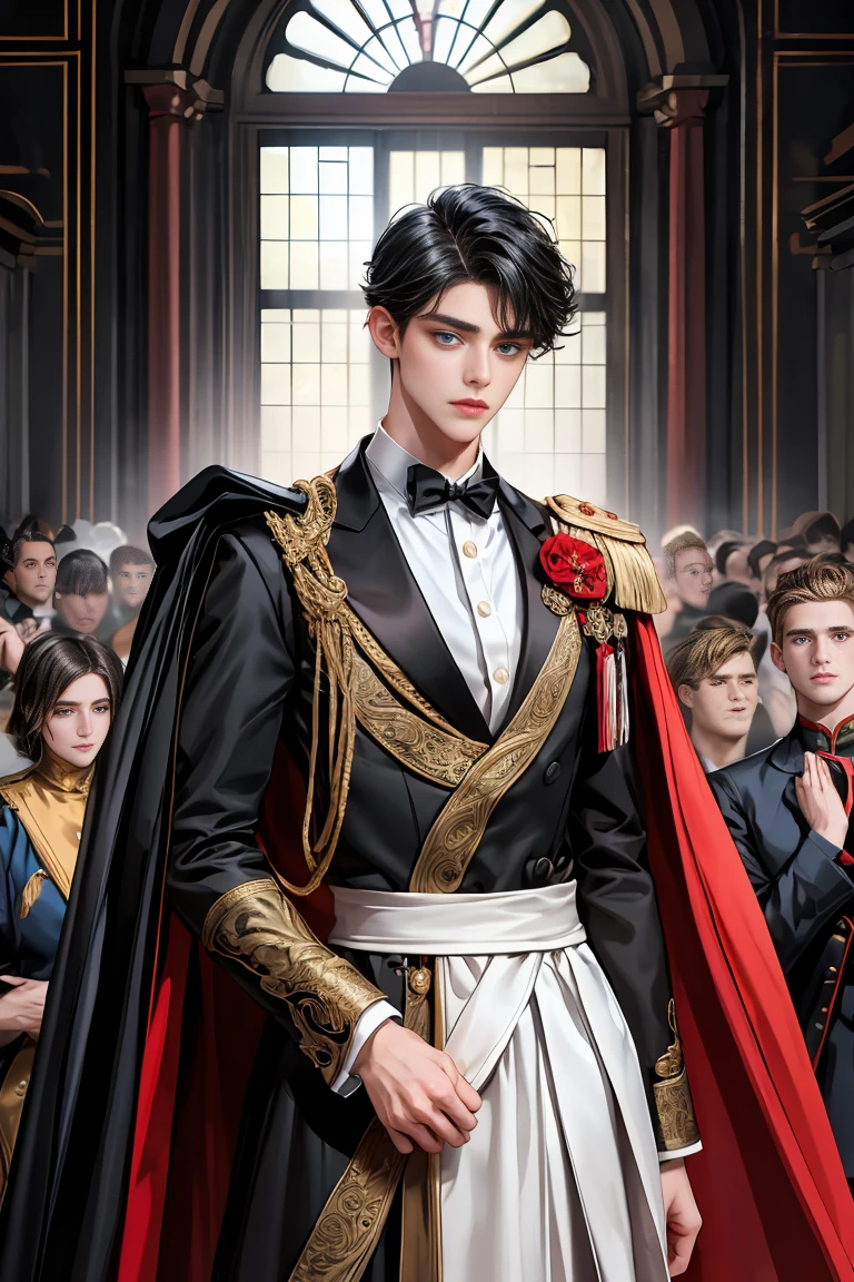 masterpiece, 最high quality, high quality, 1 boy, alone, Male focus, Watching the audience, Messy black hair, Adorable big blue eyes, White people, Noble, Noble,Sexy voluminous black and red cape、Tuxedo、A very voluminous, large, very large, very large, long, long red and black cape with a high stand-up collar, reaching down to the floor, made of a lot of fabric., 17 years old,Cute beautiful boys,Cute, cute, kind, handsome guy